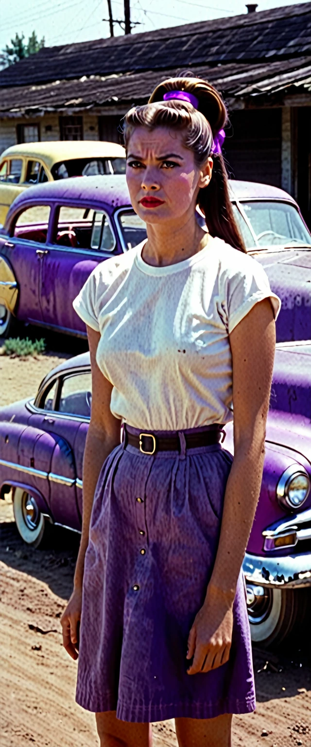 A standing cyclope one-eye woman with a normal simple white t-shirt a little bit dirt with oil car, a long ponytail hair in a vibrant purple color, Super panavision 1950s, grainy, retro, in color, panavision, 1950s