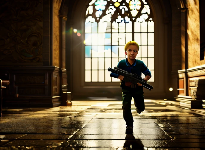 butters stotch, young boy, holding uzi gun, running inside church, hanna barbara style, 3d render, hyperrealistic, extremely detailed, 8k, unreal engine, vibrant colors, dynamic composition, dramatic lighting, cinematic, photorealistic