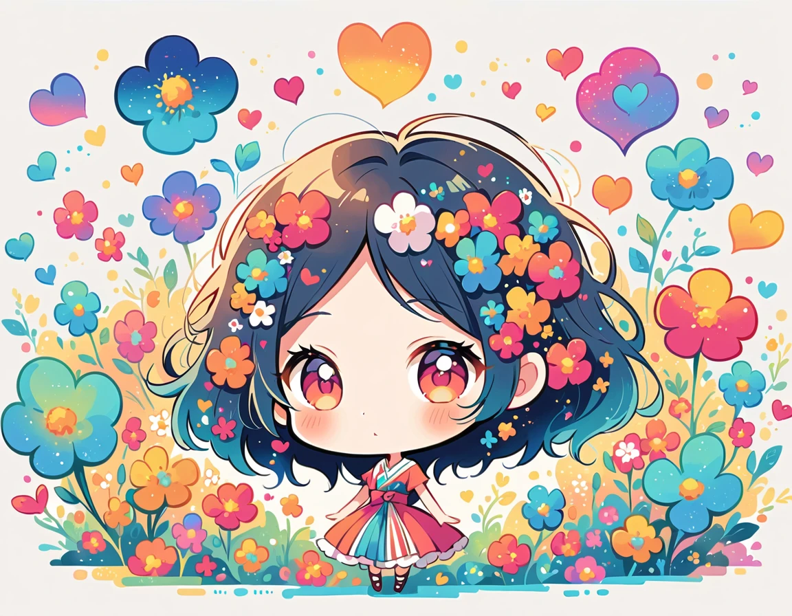 Mai Yoneyama style, Simple Line Initialism，Abstract art，Urban Background, colorful hearts ,colorful flowers, The most beautiful girl of all time, chibi