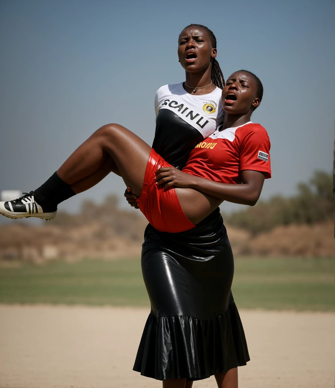 ugandan woman wearing very shiny plastic dress, Long shiny plastic skirt, Despair, unconscious, exhausted, powerlessness, man hangs limp and powerless with his head in the arms of the woman, screams of pain, shouting out in pain, shouting for aid, Dramatic rescue pose, pity, a hurt and male african football player hangs limp and powerless with his head hanging down in the arms of thewoman, a woman in a long leather-skirt has a horrofied facial expression when she carries a male african football player who is hanging limp and powerless with his head hanging down in her arms, an injured male african football player in matte cotton sportswear is carried with an extremely agonised facial expression, faces in pain and horror, screaming with pain, Frightened facial expression, pityful facial expression, pity, pain, accident, aid, football