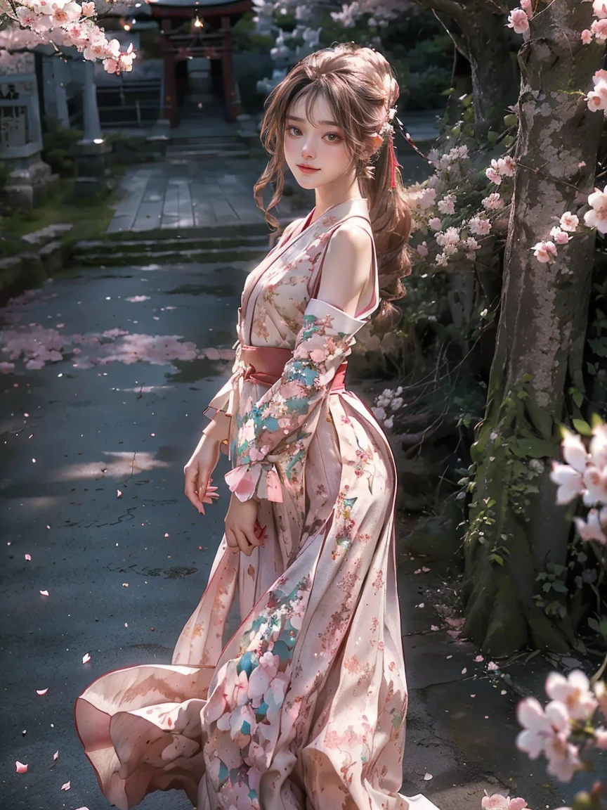 masterpiece、Highest quality、High resolution、Realistic、High resolution、RAW Photos、solo、Inari、White Fox Incarnation、(Smiling、With the torii gate of a Japanese shrine in the background、There are about 50 pink flowers on the tree.。, cherry blossomsの花s in the wind, background cherry blossoms, background cherry blossoms, cherry blossomsの花, cherry blossomsの花s, cherry blossomsの花 tree, cherry blossomsの花 falling, cherry blossoms, cherry blossoms, cherry blossomsの花 trees, cherry blossomsが咲く, cherry blossomsの花 rain everywhere)、((One girl, cherry blossomsの木の下に立つ若い女性の後ろ姿, ponytail, Shiny skin, Realistic skin texture, she is wearing a white dress, Correct hands and fingers, smile)), ((Long sleeve, Long skirt, Beautiful floral hair accessories:1.3))、