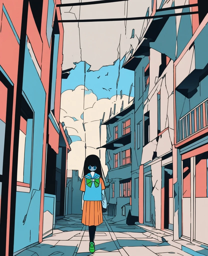 score_9, score_8_up,score_7_up,flat color,(best quality, masterpiece, ultra high-resolution, ultra-detailed: 1.2), 
(A girl who is bigger than the building is walking),school-uniform,broken building,