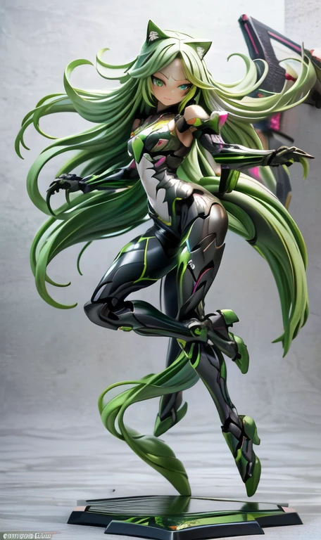 anime figure, figma,(detailed eyes))
1girl,((cat ears)),cat tail, ((long straight green hair:1.3)),big expressive neon green eyes,,expressive eyes,(((smile,blush wink))),(((full body:1.4))), ((mechanical full body suite, mecha)), feather robot wings,black kitten, cute, dynamic flirty pose, missiles on arms and shoulders, partial metal mask,standing on one leg looking at viewer ,shoulder trun to the viewer,black kitten sitting next to her, cute,flirty pose,AD ,decales,web AD
solo:1.5