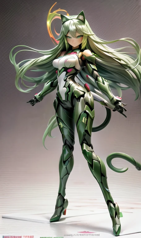 anime figure, figma,(detailed eyes))
1girl,((cat ears)),cat tail, ((long straight green hair:1.3)),big expressive neon green eyes,,expressive eyes,(((smile,blush wink))),(((full body:1.4))), ((mechanical full body suite, mecha)), feather robot wings,black kitten, cute, dynamic flirty pose, missiles on arms and shoulders, partial metal mask,standing on one leg looking at viewer ,shoulder trun to the viewer,black kitten sitting next to her, cute,flirty pose,AD ,decales,web AD
solo:1.5
