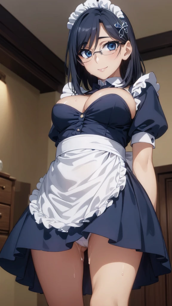 (From below:1.4),One Girl,18-year-old,(Perfect hands:1.3), Perfect Fingers,Perfect Anatomy, (masterpiece:1.3), Highest quality,Realistic, hyperRealistic, 16k hdr, morning, short hair,Put your arms behind your back,Aesthetic Anime Eyes,Condescending eyes,Beautiful Eyes,(Beautiful female hands:1.3),Small hands,(Thin fingers:1.3), (Navy Blue Hair), blue eyes, Glasses,Something like that, Cafe,Are standing,(Sweat:1.3),(smile:1.2),Big Breasts,Cleavage,(Sexy maid outfit,Head ornament:1.2),Ultra mini skirt,Frills,Sexy maid outfit,White panties,raise one leg slightly,