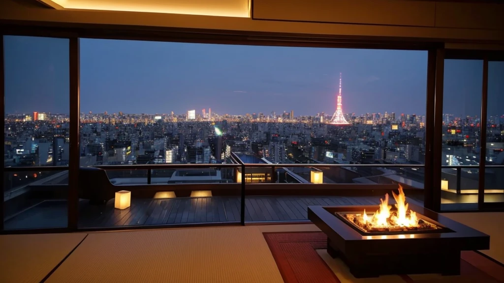 Living room view，City view, set in Tokyo rooftop, Penthouse, on future Tokyo night rooftop, Luxurious environment, Luxury Apartment, Tokyo in the background, modern japanese living room, In an apartment in Japan, Luxurious interior environment, Such, modern Tokyo, Luxury Lifestyle, on rooftop Tokyo night, Tokyo city in the background, Tokyo,A large fireplace in the house,warm firelight,palace style interior decoration