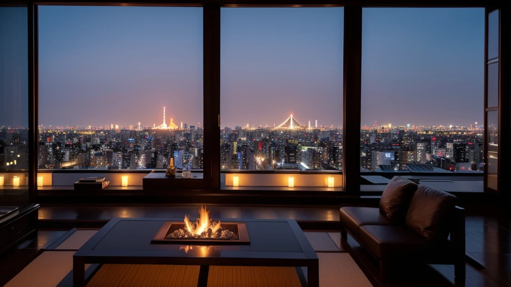 Living room view，City view, set in Tokyo rooftop, Penthouse, on future Tokyo night rooftop, Luxurious environment, Luxury Apartment, Tokyo in the background, modern japanese living room, In an apartment in Japan, Luxurious interior environment, Such, modern Tokyo, Luxury Lifestyle, on rooftop Tokyo night, Tokyo city in the background, Tokyo,A large fireplace in the house,warm firelight,palace style interior decoration