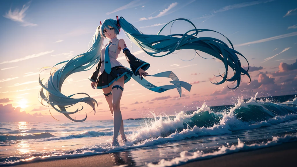 With the sun setting in the background、Please draw a close-up of Hatsune Miku walking on the beach。Her clear blue hair fluttering in the wind、The futuristic outfit stands out。The expression is free and bright、Looking forward with eyes full of dreams。Soft sand all around、The sound of the waves gently lapping、And the palm trees dot the landscape.。