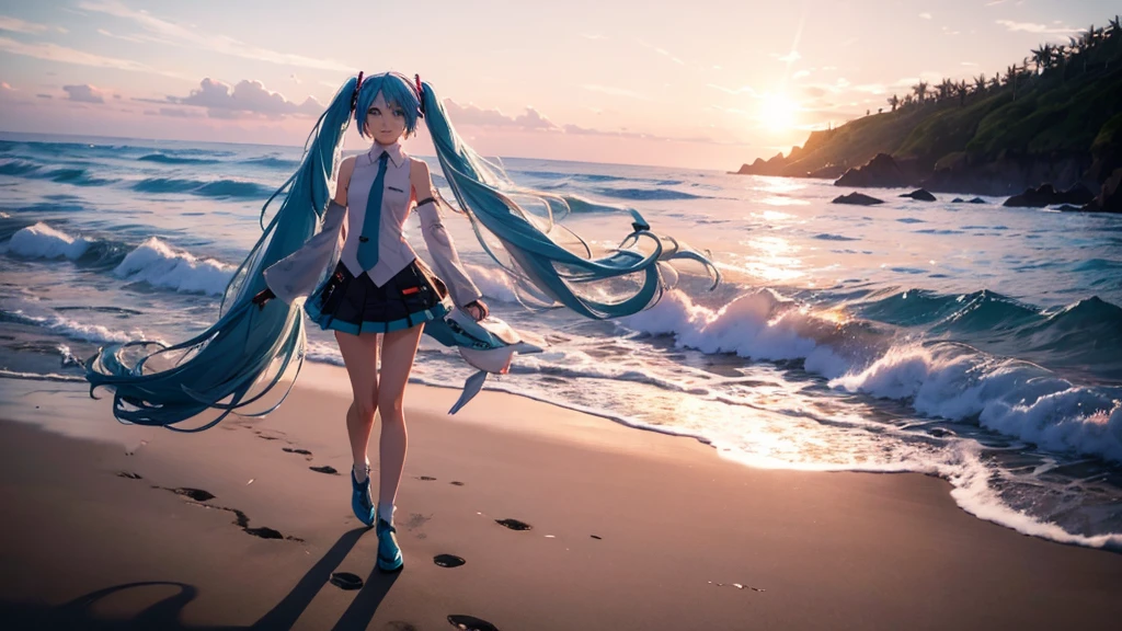 With the sun setting in the background、Please draw a close-up of Hatsune Miku walking on the beach。Her clear blue hair fluttering in the wind、The futuristic outfit stands out。The expression is free and bright、Looking forward with eyes full of dreams。Soft sand all around、The sound of the waves gently lapping、And the palm trees dot the landscape.。