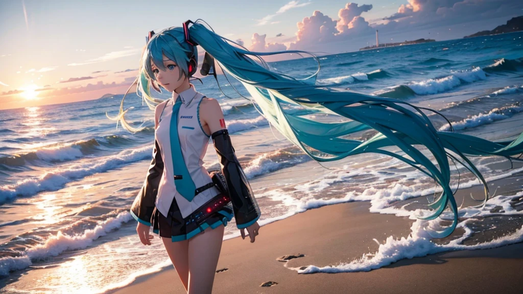 With the sun setting in the background、Please draw a close-up of Hatsune Miku walking on the beach。Her clear blue hair fluttering in the wind、The futuristic outfit stands out。The expression is free and bright、Looking forward with eyes full of dreams。Soft sand all around、The sound of the waves gently lapping、And the palm trees dot the landscape.。