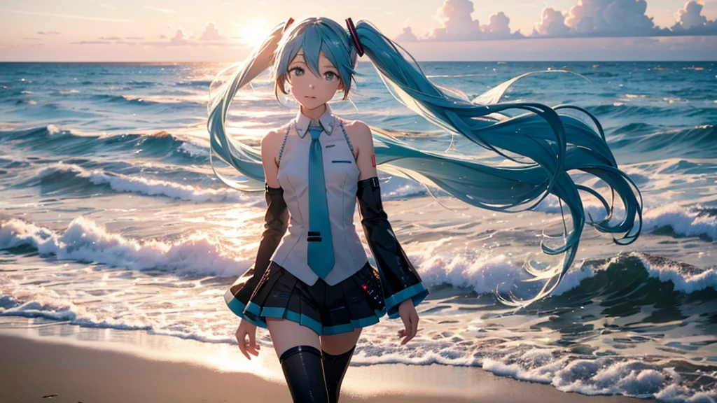 With the sun setting in the background、Please draw a close-up of Hatsune Miku walking on the beach。Her clear blue hair fluttering in the wind、The futuristic outfit stands out。The expression is free and bright、Looking forward with eyes full of dreams。Soft sand all around、The sound of the waves gently lapping、And the palm trees dot the landscape.。