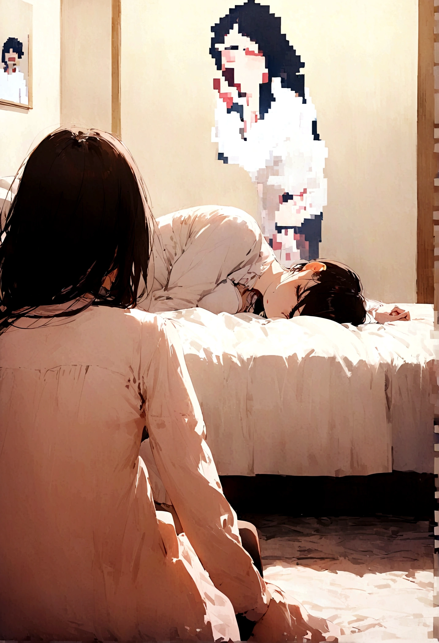 Woman sitting on the bed next to her partner frustrated because she expected much more, However, her partner has premature and left her wanting, pixelated image