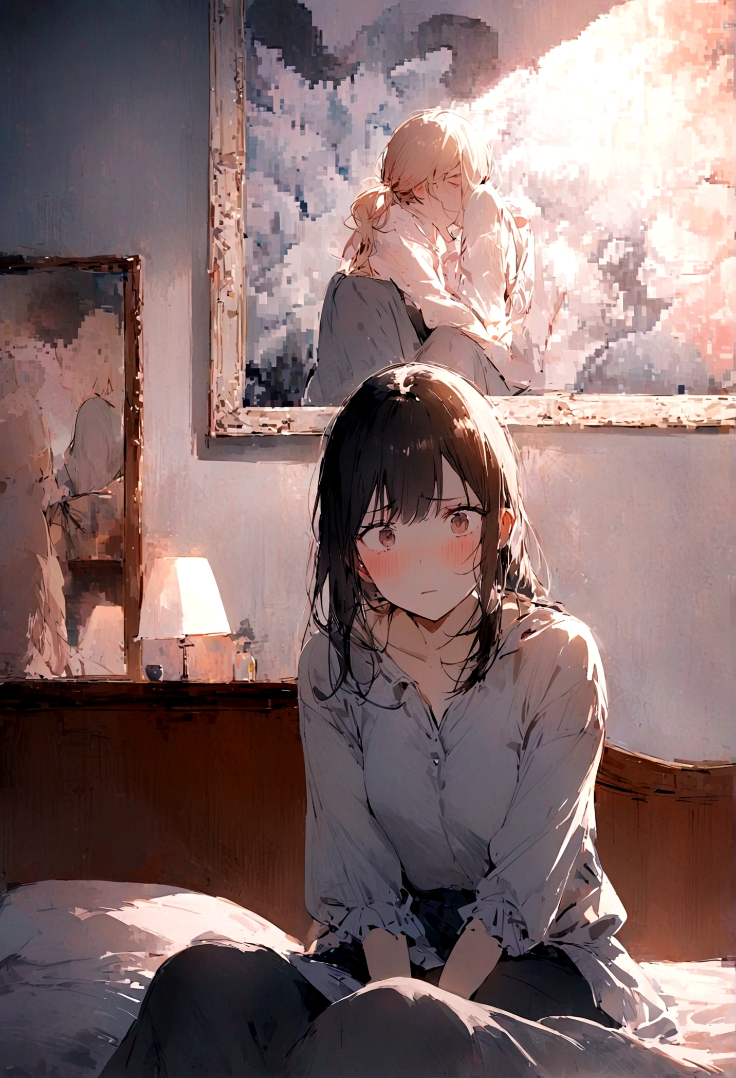 Woman sitting on the bed next to her partner frustrated because she expected much more, However, her partner has premature  and left her wanting, pixelated image