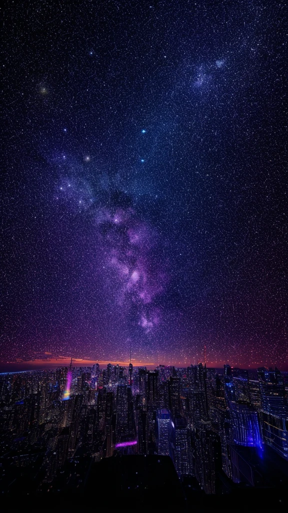 Music score playback、Colorful musical scores are played、Cute Girl Characters、 Night view from a high place、Drawing a large number of skyscrapers, Look up at the starry sky. Surround her with colorful nebulae and colorful metropolises.