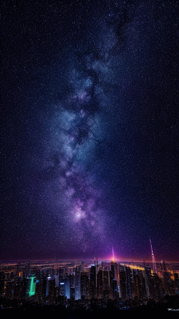 Music score playback、Colorful musical scores are played、Cute Girl Characters、 Night view from a high place、Drawing a large number of skyscrapers, Look up at the starry sky. Surround her with colorful nebulae and colorful metropolises.