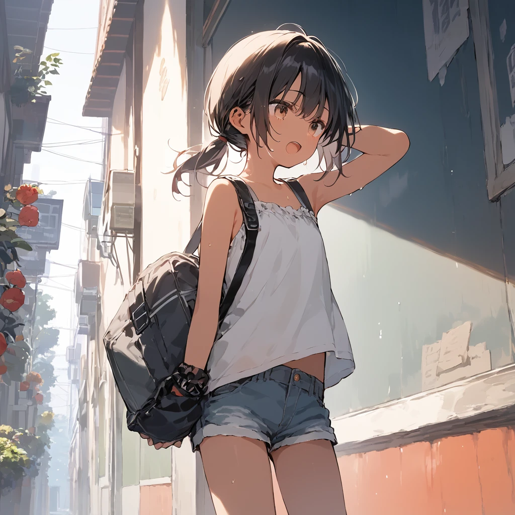score_9, score_8_up, score_7_up, source_anime, best quality, masterpiece, official art, absurdres, highres, ultra-detailed,waifu2x,Collection: Slice of Life,break,1girl, tomboy, dark-skinned female, short hair, low ponytail, flat chest,  beautiful detailed eyes, short shorts, sweat, open mouth, (yawn:0.3), sleepily, outdoors, wind, break,(clear line illustration:1.2),very high resolution, very aesthetic, super detailed skin, Best sexual lighting powered by famous artist, 8k,cute picture,beauty illustration,photoshop_(medium),,(Detailed Lighting),best anime 8k konachan wallpaper, pixiv contest winner, 
