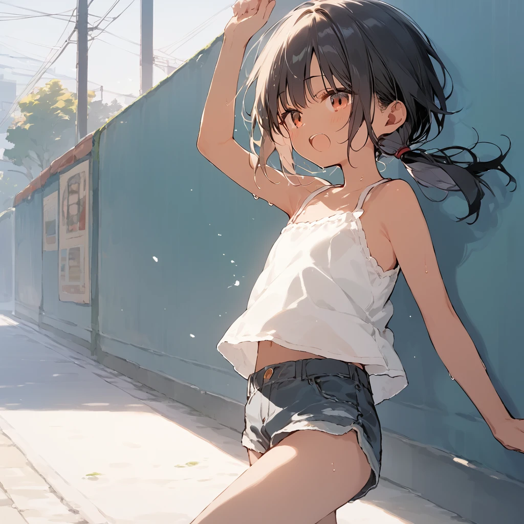 score_9, score_8_up, score_7_up, source_anime, best quality, masterpiece, official art, absurdres, highres, ultra-detailed,waifu2x,Collection: Slice of Life,break,1girl, tomboy, dark-skinned female, short hair, low ponytail, flat chest, beautiful detailed eyes, short shorts, sweat, open mouth, (yawn:0.3), sleepily, outdoors, wind, break,(clear line illustration:1.2),very high resolution, very aesthetic, super detailed skin, Best sexual lighting powered by famous artist, 8k,cute picture,beauty illustration,photoshop_(medium),,(Detailed Lighting),best anime 8k konachan wallpaper, pixiv contest winner,