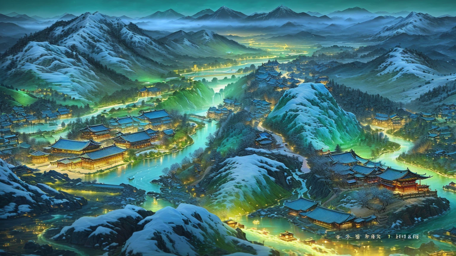 A painting of a mountain village with a river running through it, Beautiful rendering of the Tang Dynasty, thrilling, 3 d virtual landscape painting, Chinese scenery, Detailed 4k painting, Dreamy Chinatown, highly Detailed 4k painting, Detailed painting 4k, Inspired by Li Keran, Chinese Art Style, Amazing depth, Complex Realism,