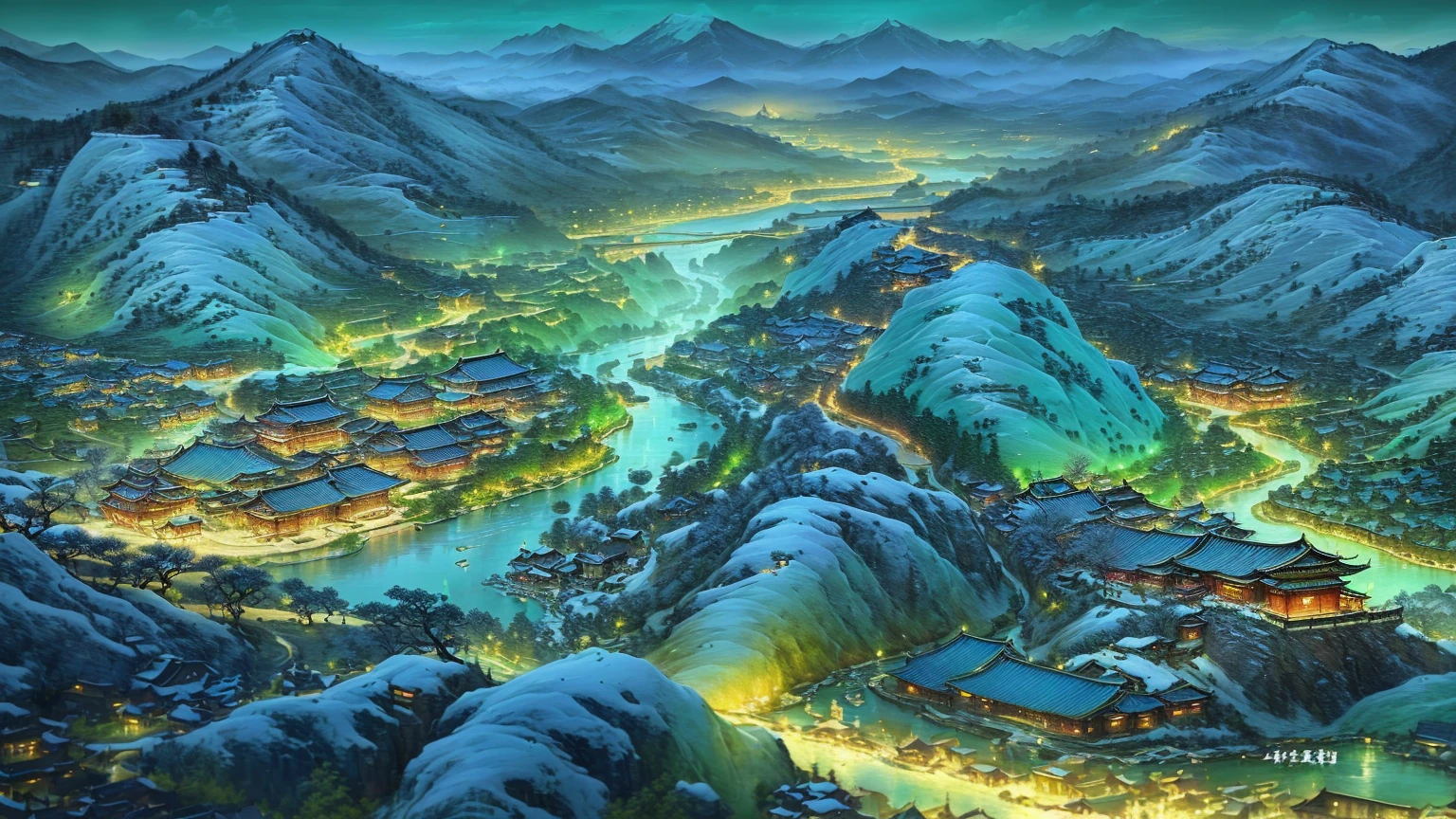 A painting of a mountain village with a river running through it, Beautiful rendering of the Tang Dynasty, thrilling, 3 d virtual landscape painting, Chinese scenery, Detailed 4k painting, Dreamy Chinatown, highly Detailed 4k painting, Detailed painting 4k, Inspired by Li Keran, Chinese Art Style, Amazing depth, Complex Realism, 