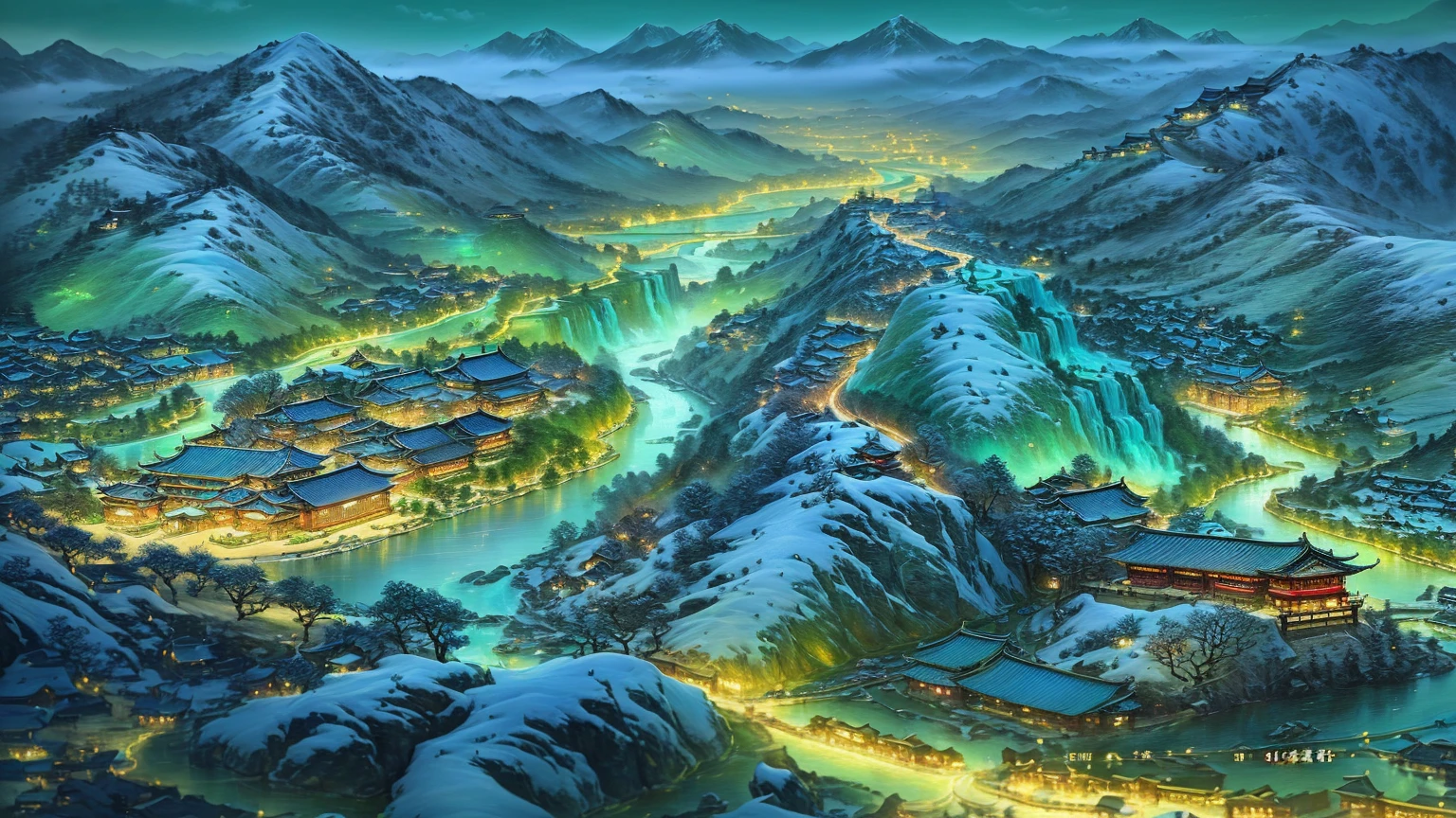 A painting of a mountain village with a river running through it, Beautiful rendering of the Tang Dynasty, thrilling, 3 d virtual landscape painting, Chinese scenery, Detailed 4k painting, Dreamy Chinatown, highly Detailed 4k painting, Detailed painting 4k, Inspired by Li Keran, Chinese Art Style, Amazing depth, Complex Realism,