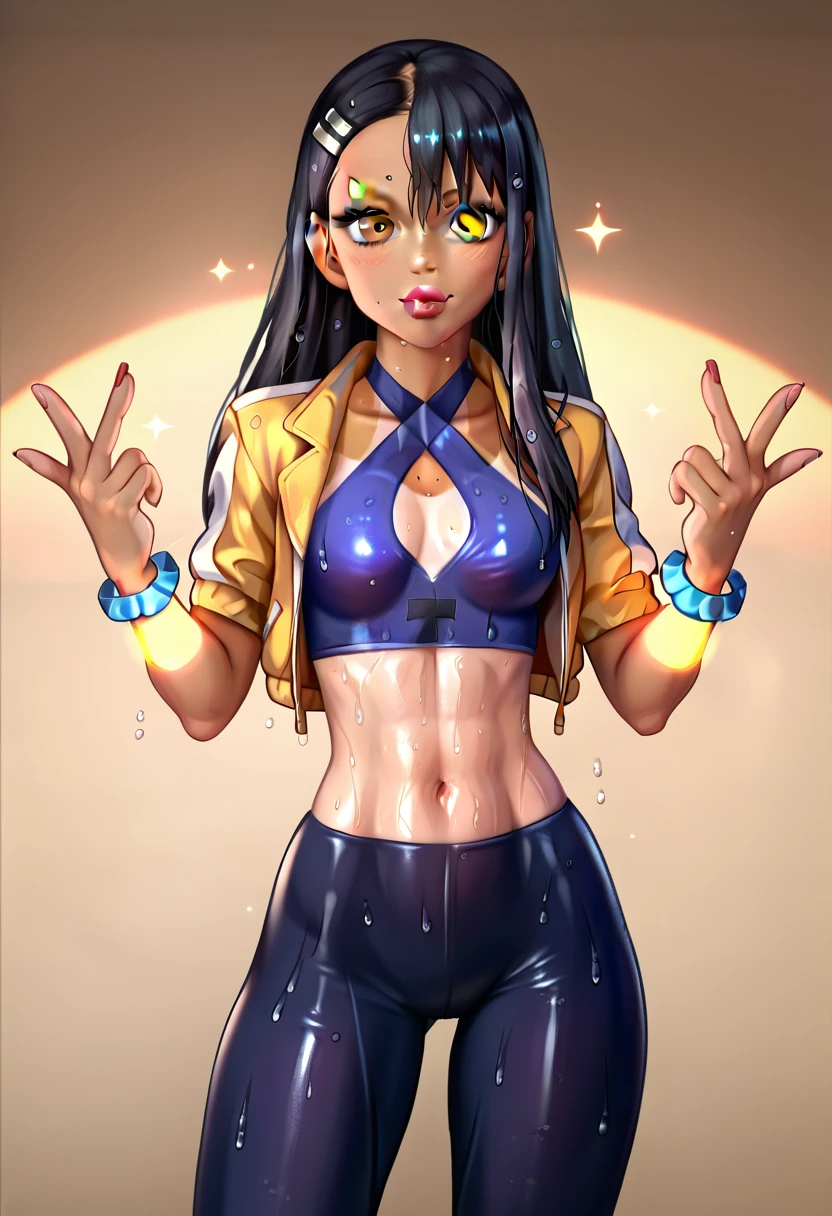 hyperrealism, photorealistic, 1nagatoro1, 20 yo female, solo, 1female, toned, wide hips, long black hair, very skinny, very thin, very slim, very slender, thick thighs, ifbb, thick lips, thin waist, slendered abs, narrow waist, small waist, dark skin, tan, tanned, tan skin, tanned skin, light brown skinned, lipstick, neon glowing bracelet, glowing armlet, (sparkling translucent criss-cross top), (wet transparent half-jacket), tight (snakeskin pants), high detail