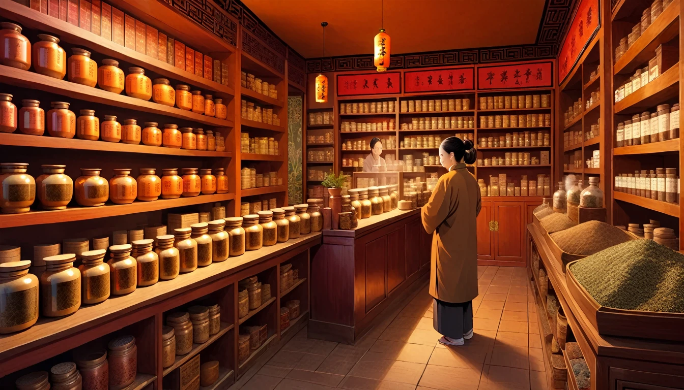 Busy Chinese medicine store，Detailed interior，Jars of herbs and medicines，Customer browsing，shopkeeper behind the counter，warm light，Rich colors，Intricate wooden shelves，Incense，Authentic atmosphere