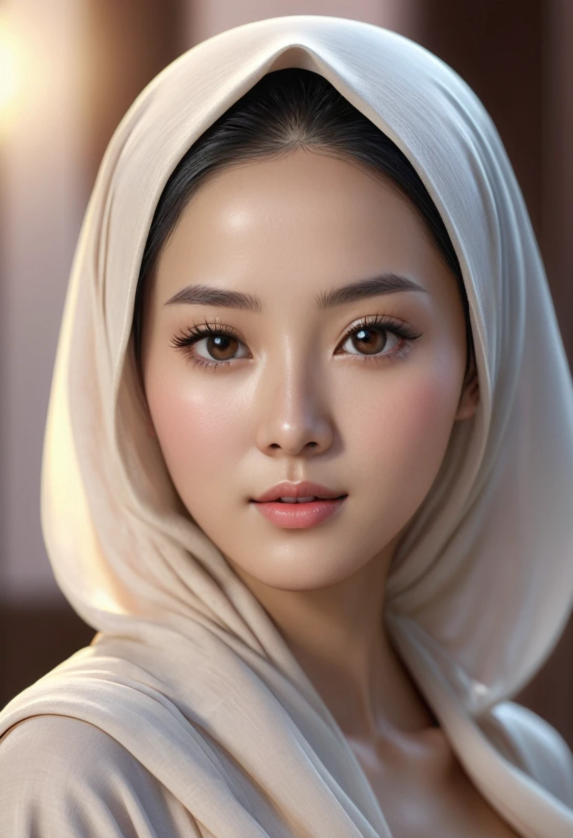 8k, hyper resolution, extremely detailed, A highly detailed, close up 3D rendering of a realistic naked chinese young girl and only wearing a hijab with accurate face. She is nude and standing confidently showing sexy body, badroom background, drawing attention to its cheerful and elegant appearance. Her skin is smooth, naturally glowing and healthy, and her eyes are bright and expressive. The overall style is a mix of realism and a hint of cartoon features, giving it a lively look. use soft photography lighting