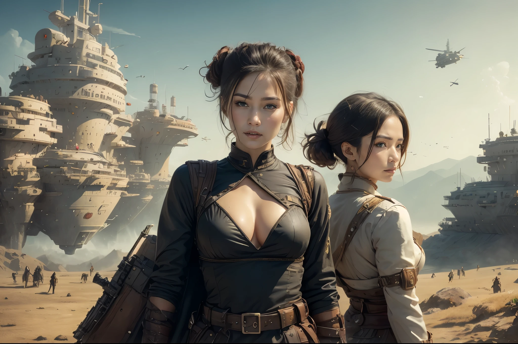 Ultra-realistic 16K CG, masterpiece, Best Composition, Photo quality, Artwork, With the Imperial fortress as a backdrop, In the background is a tall battle tower with a huge cannon., Detailed Imperial Star Super Dreadnought , Side view, High detail, Many Elements, flying conveyor, Flying Cargo Ship, crane, manipulator. Light of the sun, There are numerous gun emplacements on the sides., Distant future, Girl ,  Slaves, She is surrounded by cyborgs and spider robots., The girl is tied up, fold your hands behind your back, , Hands tied, Foot binding, pain, fear, Coastal forts bombarding ships, Tight rope , With a powerful sniper rifle, Gun barrel-mounted sights and knives, A huge French army on the march, Hundreds of devices, General Combat, армия Many Elements