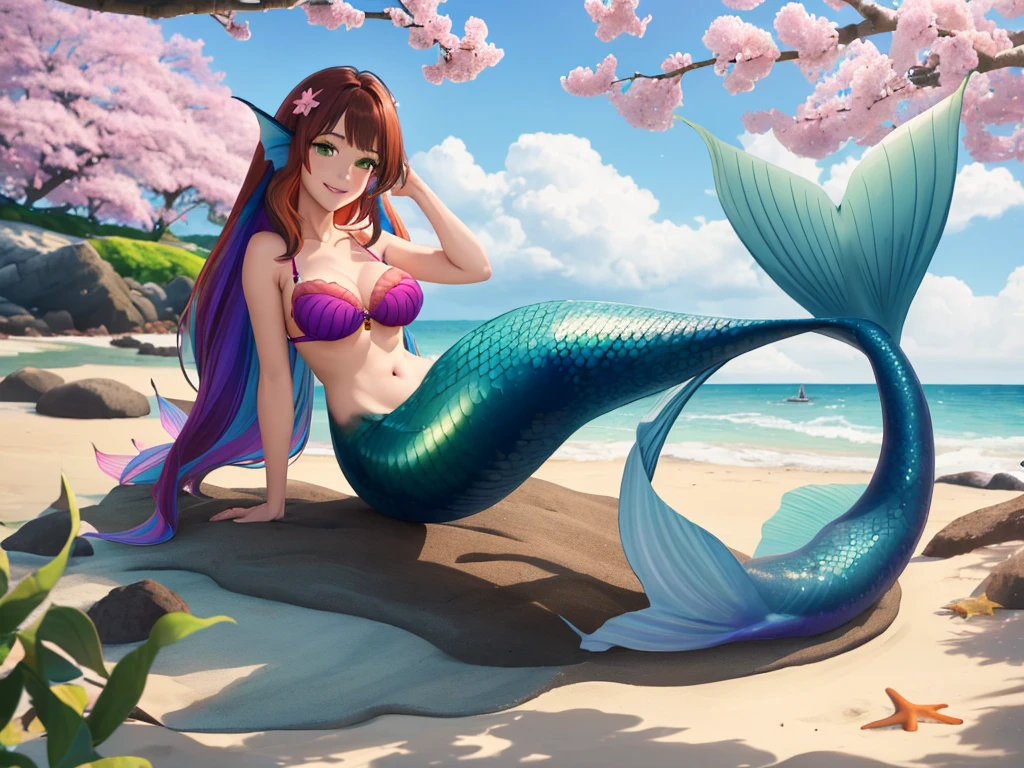 masterpiece, best quality:1.2), 1girl, smile, looking at viewer, green eyes, short brown multicolored hair, mermaid, mermaid girl, wearing purple seashell bra, laying on belly on beach, colorful mermaid tail, outdoors, head fins, fin ears, under cherry blossoms