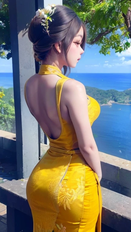 Yellow dress The beauty of the back of a young Burmese woman who is gazing at the natural scenery.  Intricate detail crystal clear reflective silk dress 3D HD HD