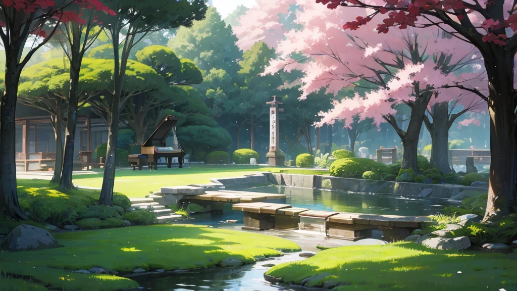 A grand piano is placed in the middle of a Japanese garden with grassy paths.,quiet、The small stream sparkles
