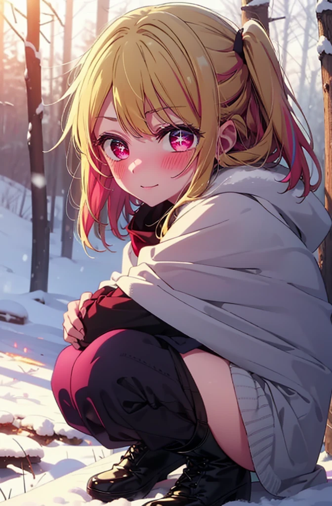 rubyhoshino, Hoshino Ruby, Long Hair, bangs, Blonde, (Pink Eyes:1.3), Side Lock, (Symbol-shaped pupil:1.5), Multicolored Hair, Two-tone hair, smile,,smile,blush,White Breath,
Open your mouth,snow,Ground bonfire, Outdoor, boots, snowing, From the side, wood, suitcase, Cape, Blurred, , forest, White handbag, nature, Squat, Mouth closed, Cape, winter, Written boundary depth, Black shoes, red Cape break looking at viewer, Upper Body, whole body, break Outdoor, forest, nature, break (masterpiece:1.2), Highest quality, High resolution, unity 8k wallpaper, (shape:0.8), (Beautiful and beautiful eyes:1.6), Highly detailed face, Perfect lighting, Highly detailed CG, (Perfect hands, Perfect Anatomy),
