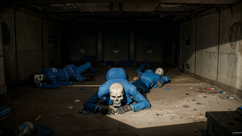 skeletons lying on the floor in a bunker in blue suits Fallout 4