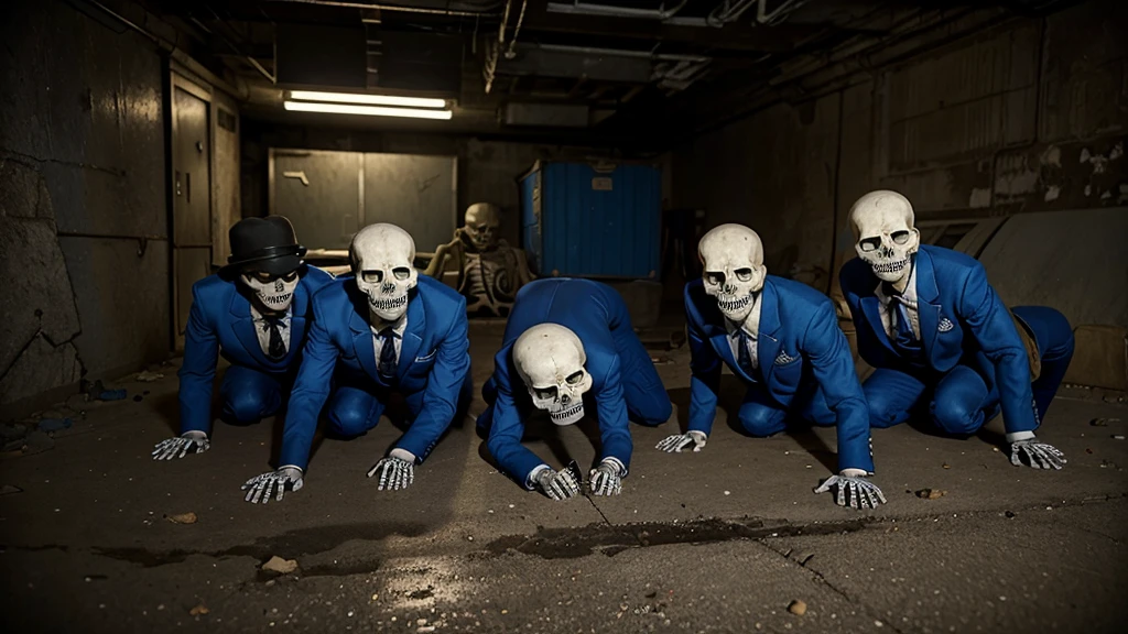 skeletons lying on the floor in a bunker in blue suits Fallout 4