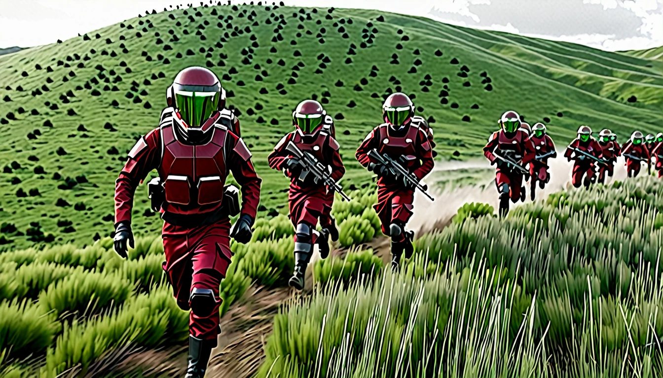 Soldiers in dark red military uniform wearing a futuristic helmet, run through the steppe with some green areas and a little bit of hills and pine trees