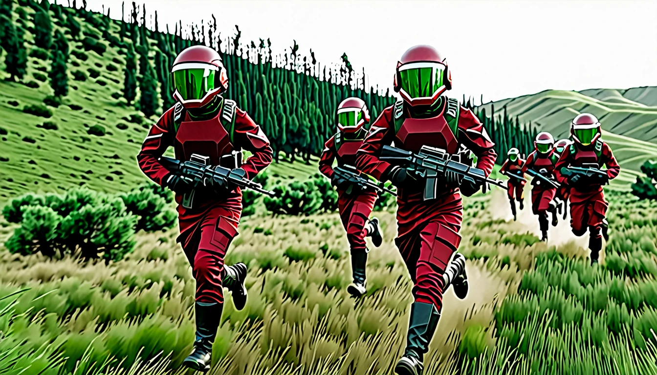 Soldiers in dark red military uniform wearing a futuristic helmet, run through the steppe with some green areas and a little bit of hills and pine trees