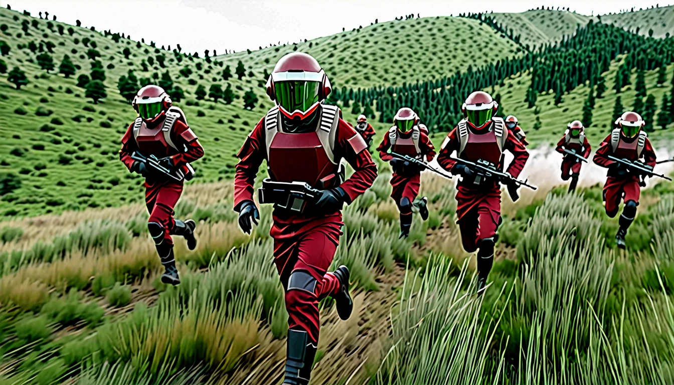 Soldiers in dark red military uniform wearing a futuristic helmet, run through the steppe with some green areas and a little bit of hills and pine trees