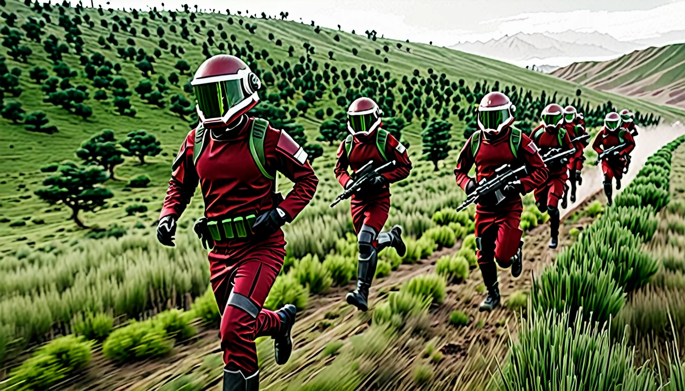 Soldiers in dark red military uniform wearing a futuristic helmet, run through the steppe with some green areas and a little bit of hills and pine trees