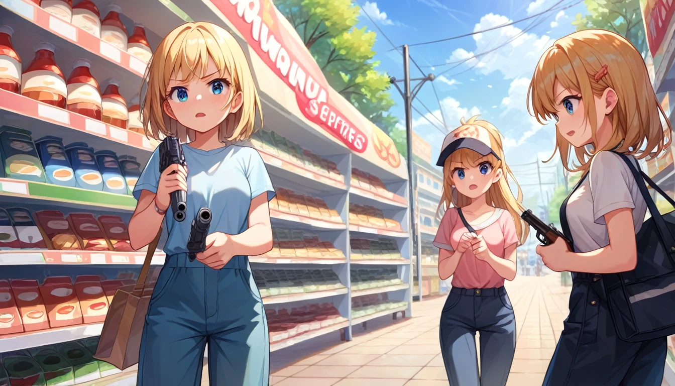 ((multiple girls:1.3)), ((moe style:1.3)), ((casual outfit:1.3)), ((sherman tank:1.3)), ((gun firing:1.3)), ((battle:1.3)), ((convenience store:1.3)),  ((centerfold:1.3)), ((extremely feminine:1.3)), perfect hands, ((perfect face)), ((extremely cute:1.3)), ((masterpiece)), ((8k)), ((best quality)), ((beautiful)), ((extremely detailed:1.3)) , ((absurdres)), AddXL, ((score_9:1.3)), ((score_8_up:1.3)), ((score_7_up:1.3)),