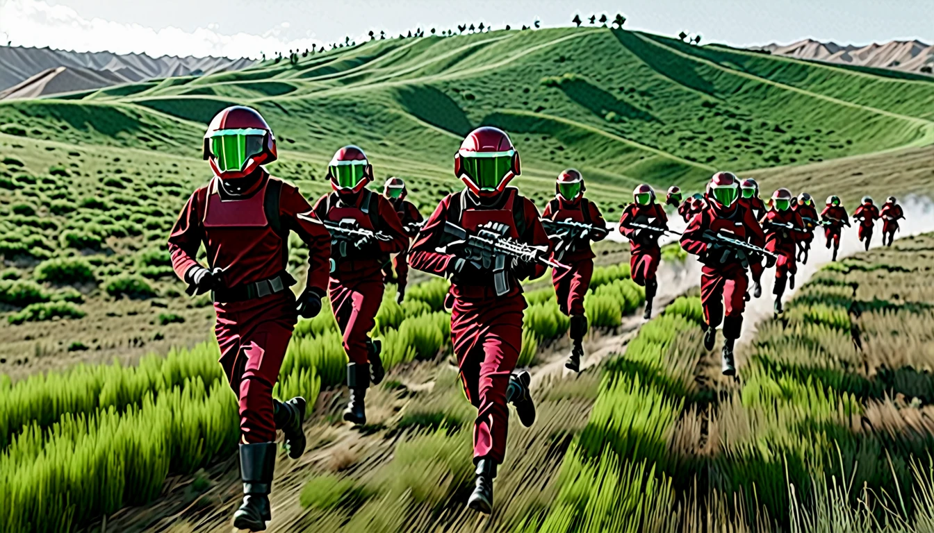 Soldiers in dark red military uniform wearing a futuristic helmet, run through the steppe with some green areas and a little bit of hills and pine trees