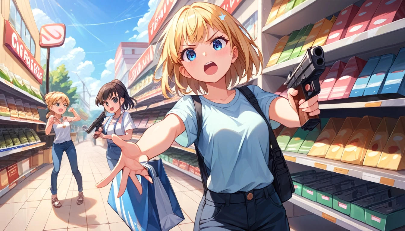 ((multiple girls:1.3)), ((moe style:1.3)), ((casual outfit:1.3)), ((sherman tank:1.3)), ((gun firing:1.3)), ((battle:1.3)), ((convenience store:1.3)),  ((centerfold:1.3)), ((extremely feminine:1.3)), perfect hands, ((perfect face)), ((extremely cute:1.3)), ((masterpiece)), ((8k)), ((best quality)), ((beautiful)), ((extremely detailed:1.3)) , ((absurdres)), AddXL, ((score_9:1.3)), ((score_8_up:1.3)), ((score_7_up:1.3)),