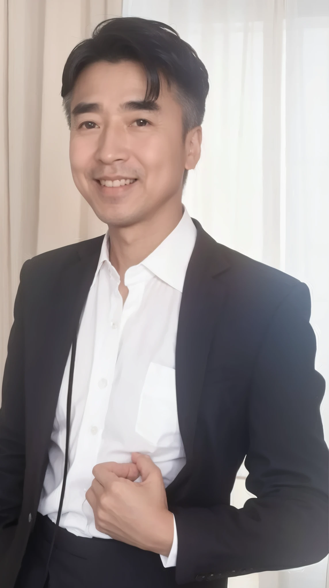 40-year-old male, Soft headlight,High-density imaging,(Clean and delicate face),((Black suit)),((Look diagonally ahead)),((((Half-length photo)))),((Smile)),((White curtains in the background)),best quality,masterpiece,(Soft colors:1.2)