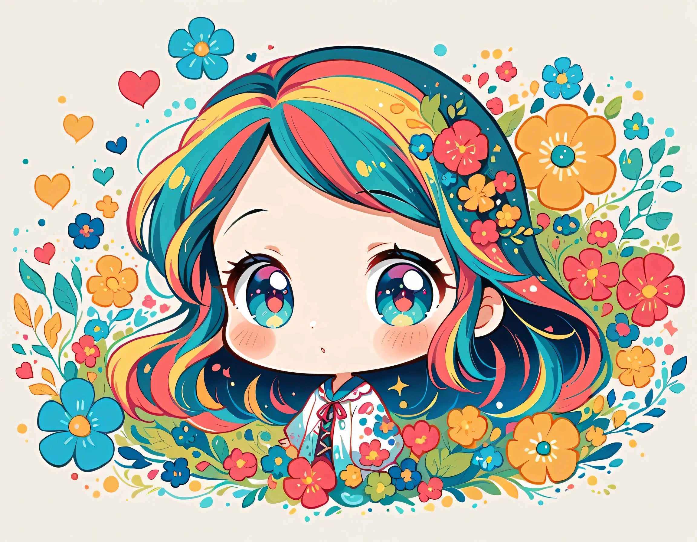 Mai Yoneyama style, Simple Line Initialism,Abstract art,Urban Background, colorful hearts ,colorful flowers, The most beautiful girl of all time, chibi