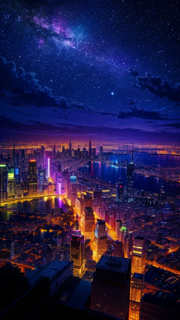 Night view from a high place、Drawing a large number of skyscrapers, Look up at the starry sky. Surrounded by colorful nebulae and colorful metropolises.