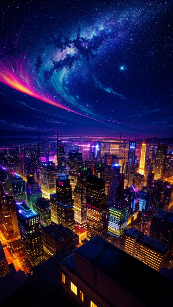 Night view from a high place、Drawing a large number of skyscrapers, Look up at the starry sky. Surrounded by colorful nebulae and colorful metropolises.