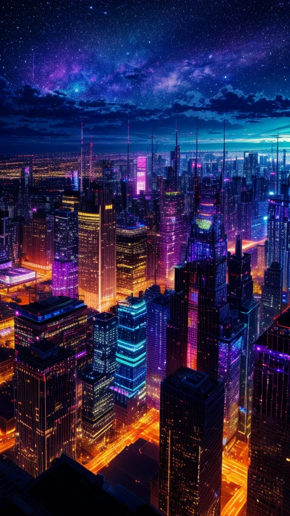 Night view from a high place、Drawing a large number of skyscrapers, Look up at the starry sky. Surrounded by colorful nebulae and colorful metropolises.