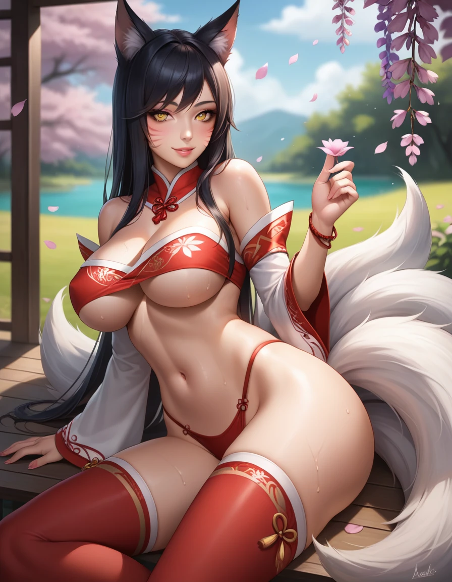 anime_source, (masterpiece), best quality, expressive eyes, perfect face, score_9, score_8_up, score_7_up, 1girl, ahri, animal ears, bangs, black hair, bare shoulders, breasts, cleavage, facial mark, fox ears, fox tail, groin, highleg, large breasts, lips, long hair, looking at viewer, multiple tails, navel, outdoors, smile, solo, tail, vastaya, whisker markings, yellow eyes, detached sleeves, red legwear, red panties, sweat, thighhighs, underboob, pink flower, blurry background, cherry blossoms, depth of field, falling petals, flower, petals, wisteria, perfect hands, perfect fingers, lying, on side