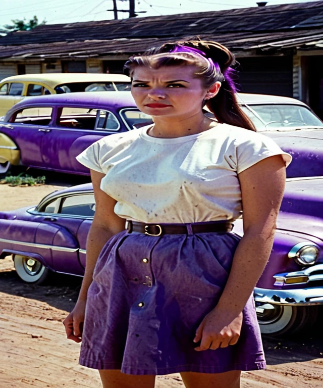 A standing (((cyclope woman))), cyclope one-eye woman with a normal simple white t-shirt a little bit dirt with oil car, (((a long ponytail hair))) in a vibrant purple color, Super panavision 1950s, grainy, retro, in color, panavision, 1950s, voluptuous body, sexy pose, spaceship garage on the background a little bit defocus 
