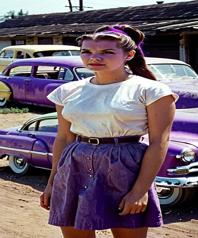 A standing (((cyclope woman))), cyclope one-eye woman with a normal simple white t-shirt a little bit dirt with oil car, (((a long ponytail hair))) in a vibrant purple color, Super panavision 1950s, grainy, retro, in color, panavision, 1950s, voluptuous body, sexy pose, spaceship garage on the background a little bit defocus 