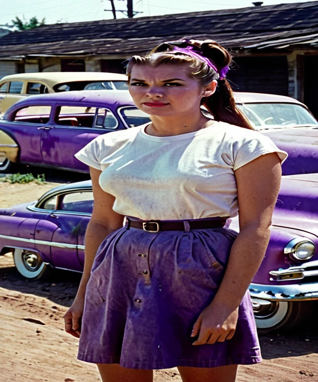 A standing (((cyclope woman))), cyclope one-eye woman with a normal simple white t-shirt a little bit dirt with oil car, (((a long ponytail hair))) in a vibrant purple color, Super panavision 1950s, grainy, retro, in color, panavision, 1950s, voluptuous body, sexy pose, spaceship garage on the background a little bit defocus